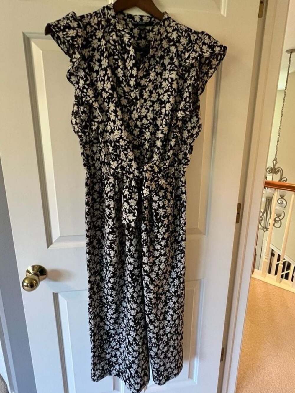 Maggy London Black and‎ White Floral Ruffe Sleeve Tie-Waist Jumpsuit - Picture 2 of 10